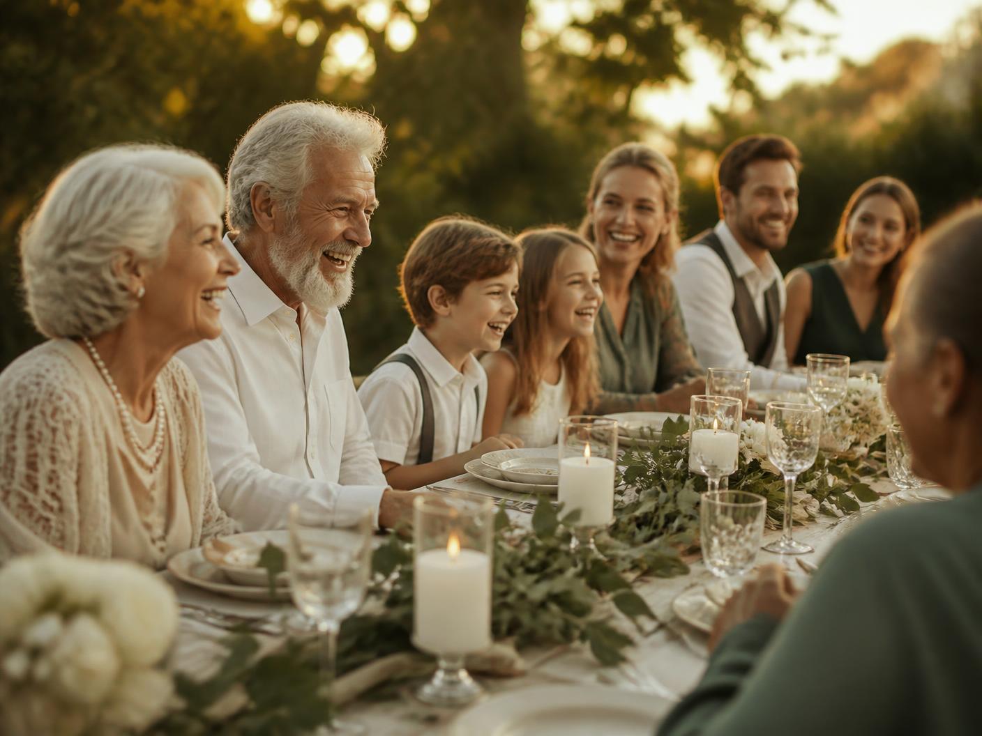 Three generations of a family laughing together around an outdoor dinner table at golden hour